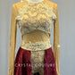 Nude Lace and Mesh Long Sleeve Leotard with Burgundy Back Skirt - Rhinestones