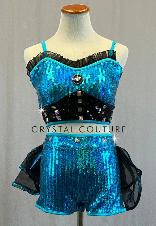 Bright Blue Sequin Two Piece with Black Ruffled Back Bustle