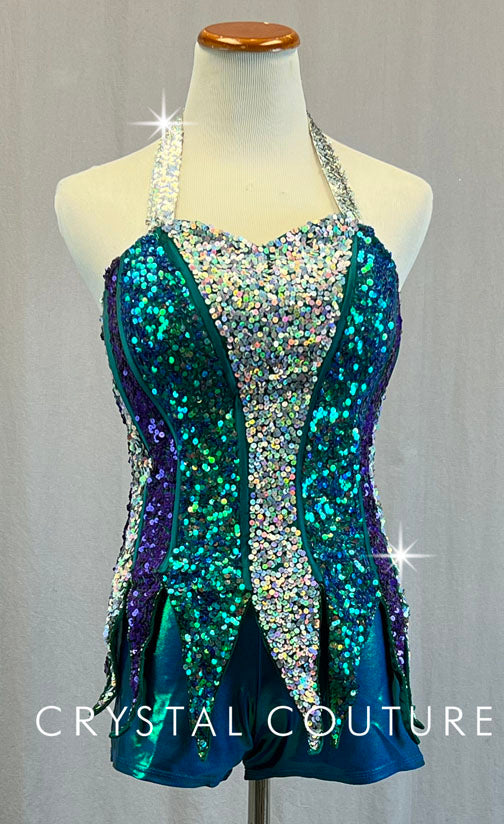 Tricolor Sequined Bodice with Point Hem and Booty Shorts