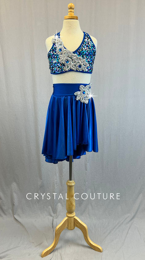 Royal Blue Halter Top and Asymmetrical Skirt with Appliques
