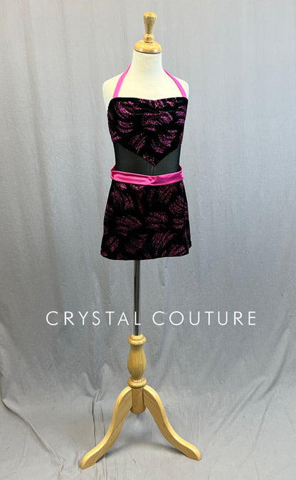 Black Velvet Mini Dress with Pink Glitter Print
