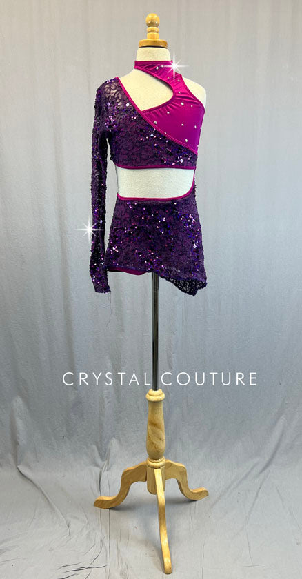 Magenta & Purple Lace Asymmetrical Top and Mini Skirt - Rhinestones