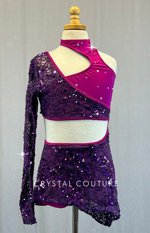 Magenta & Purple Lace Asymmetrical Top and Mini Skirt - Rhinestones