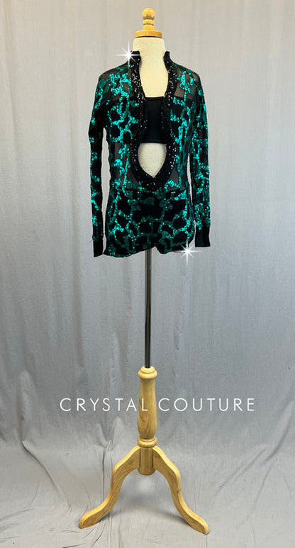 Black Mesh Biketard with Teal Sequin Print