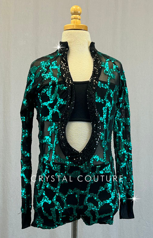 Black Mesh Biketard with Teal Sequin Print