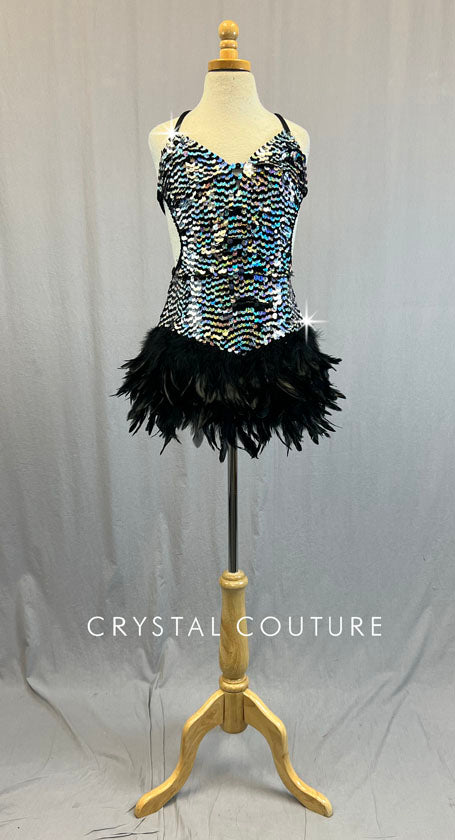 Black & Silver Sequin Dress with Lace Up Back and Feather Skirt
