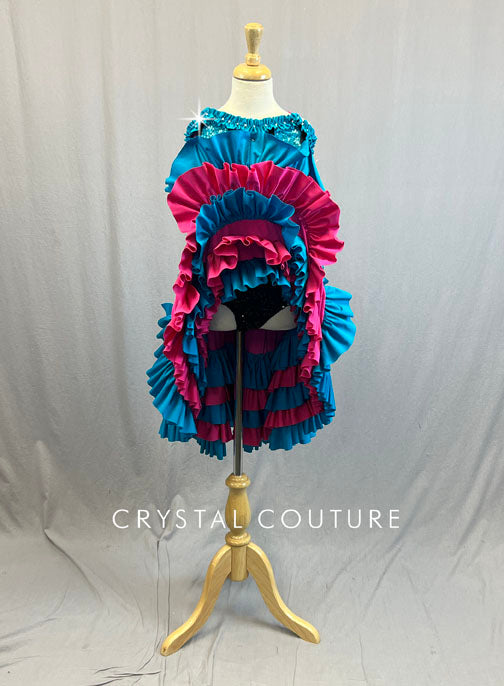 Custom Black, Pink & Blue Can Can Dress with Layered Ruffles - Rhinestones
