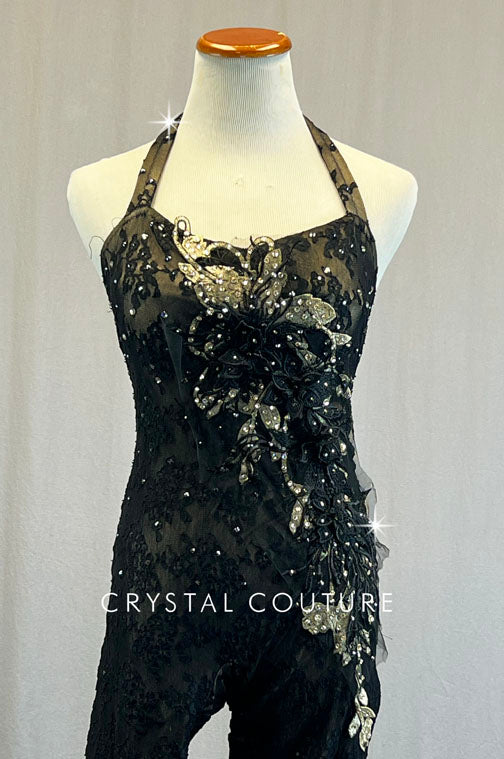 Custom Black Lace Jumpsuit with Appliques - Rhinestones