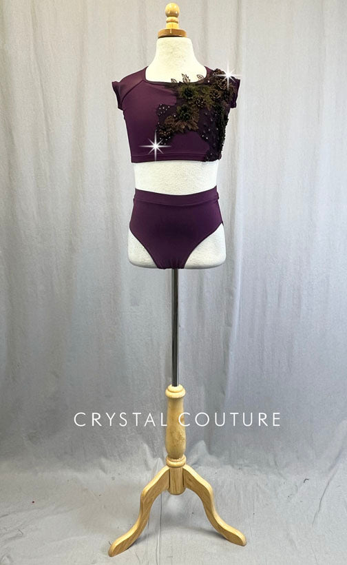 Dark Plum Two Piece with Dark Floral Appliques - Rhinestones