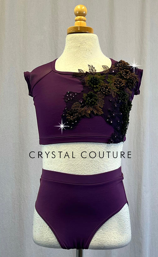 Dark Plum Two Piece with Dark Floral Appliques - Rhinestones