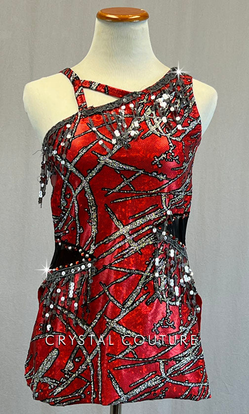 Custom Red Asymmetrical Mini Dress with Black and Silver Abstract Pattern - Rhinestones