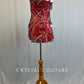Custom Red Asymmetrical Mini Dress with Black and Silver Abstract Pattern - Rhinestones