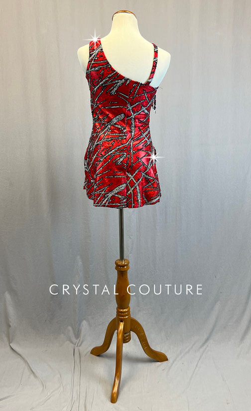 Custom Red Asymmetrical Mini Dress with Black and Silver Abstract Pattern - Rhinestones