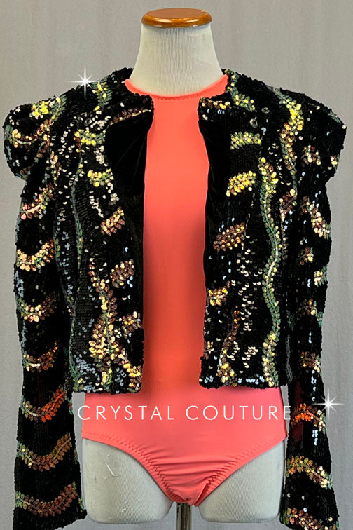 Custom Peach Tank Leotard with Black and Iridescent Sequined Blazer