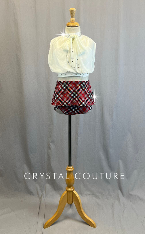 Red Plaid Skirt and White Chiffon Crop Top