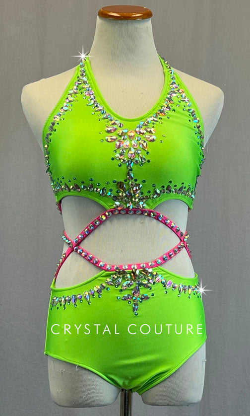 Lime Green Two Piece with Hot Pink Connecting Straps - Rhinestones