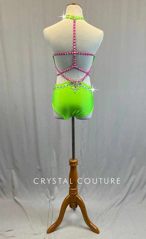 Lime Green Two Piece with Hot Pink Connecting Straps - Rhinestones