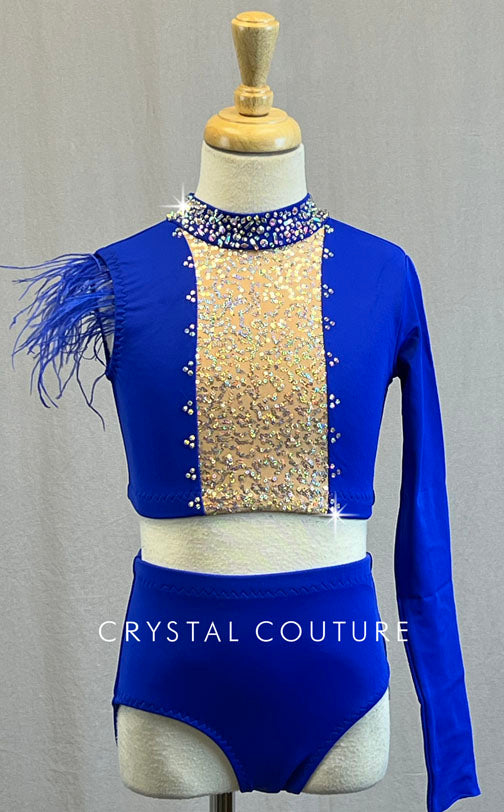 Custom Royal Blue Asymmetrical Two Piece with Ostrich Feathers - Rhinestones