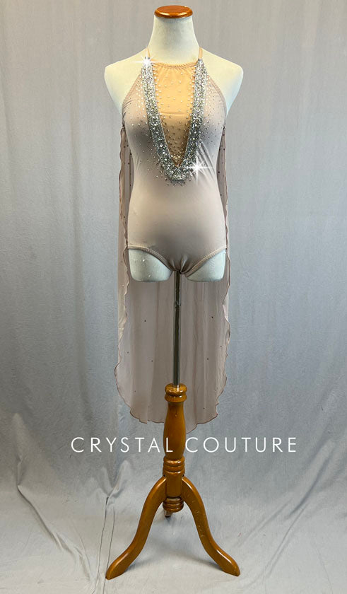 Light Mauve Deep V Leotard with Long Back Skirt - Rhinestones