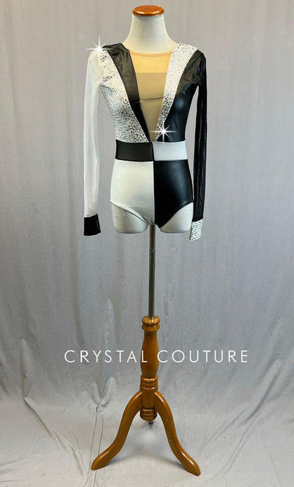 Black & White Color Block Deep V Leotard with Mesh Sleeves - Rhinestones