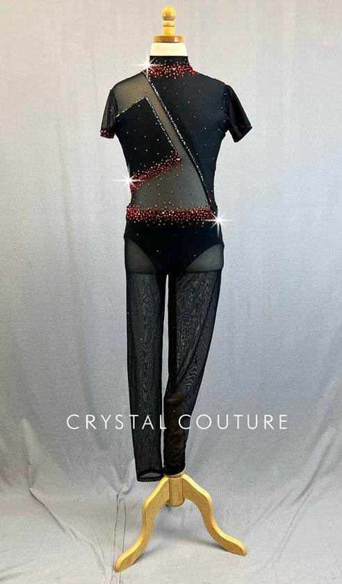 Black Asymmetrical Unitard with Mesh Inserts and Red Rhinestones