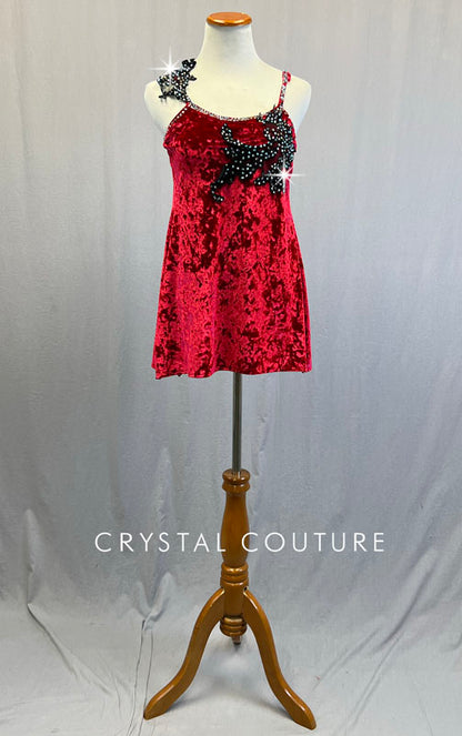 Red Velvet Camisole Dress with Black Appliques - Rhinestones