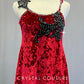 Red Velvet Camisole Dress with Black Appliques - Rhinestones