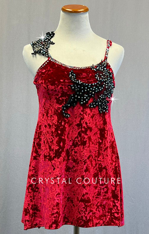 Red Velvet Camisole Dress with Black Appliques - Rhinestones