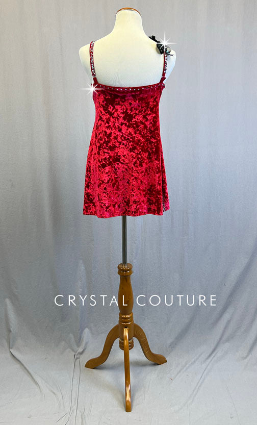 Red Velvet Camisole Dress with Black Appliques - Rhinestones