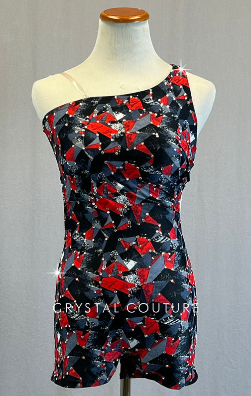 Red, Black & Grey Geometric Biketard - Rhinestones