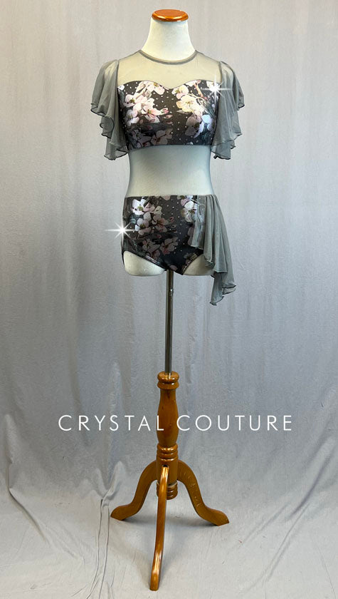 Grey Metallic Floral Leotard with Mesh Side Bustle and Flutter Sleeves - Rhinestones