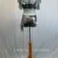 Grey Metallic Floral Leotard with Mesh Side Bustle and Flutter Sleeves - Rhinestones