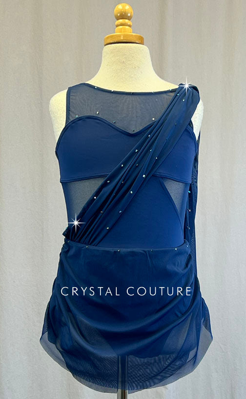 Navy Blue Lycra Leotard with Mesh Cutouts, Skirt and Draping.