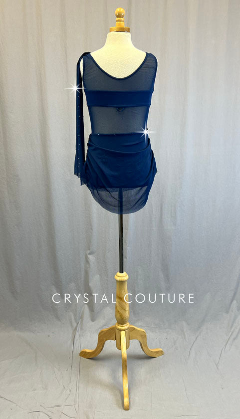 Navy Blue Lycra Leotard with Mesh Cutouts, Skirt and Draping.