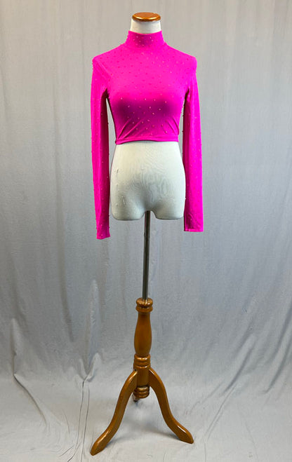 Hot Pink Long Sleeve Mock Neck Cropped Top - Rhinestones