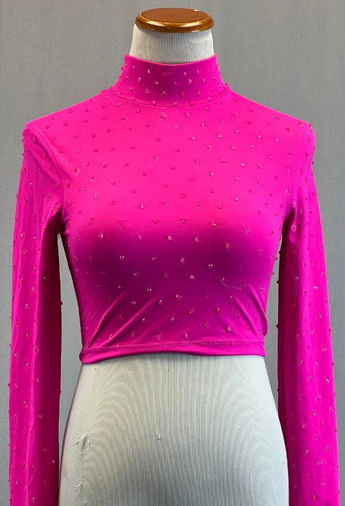 Hot Pink Long Sleeve Mock Neck Cropped Top - Rhinestones