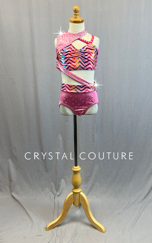 Light Pink Asymmetrical Connected Two PIece with Rainbow Chevron - Rhinestones