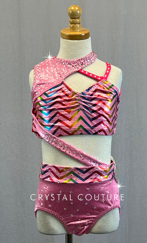 Light Pink Asymmetrical Connected Two PIece with Rainbow Chevron - Rhinestones