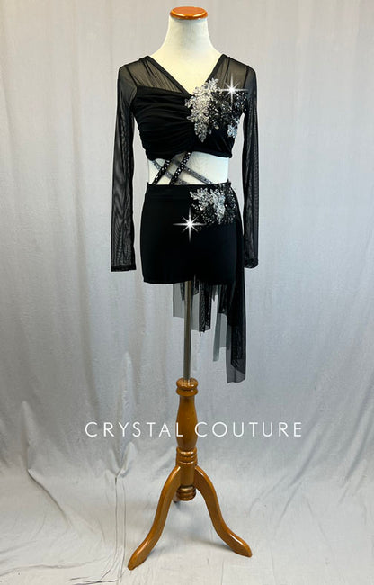 Custom Black & Grey Strappy Connected Two Piece with Mesh Side Skirt - Rhinestones