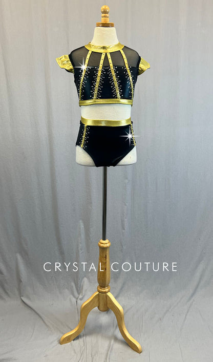 Custom Black & Gold Strappy Two Piece with Ruffle Sleeves - Rhinestones