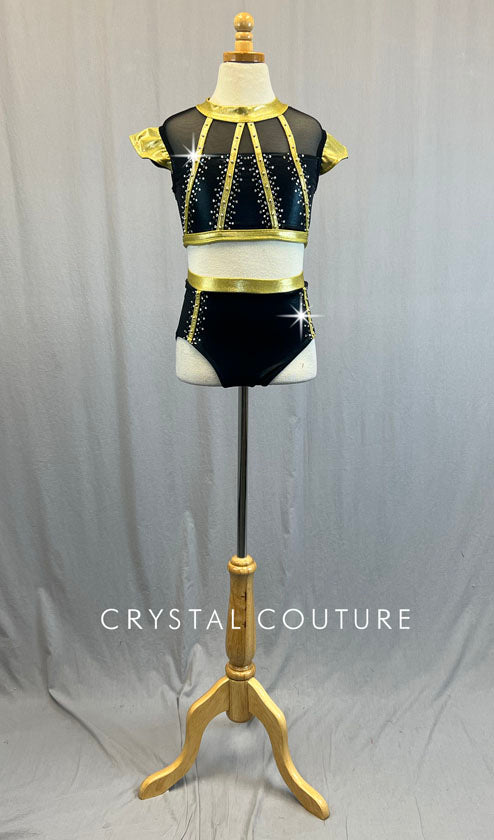 Custom Black & Gold Strappy Two Piece with Ruffle Sleeves - Rhinestones