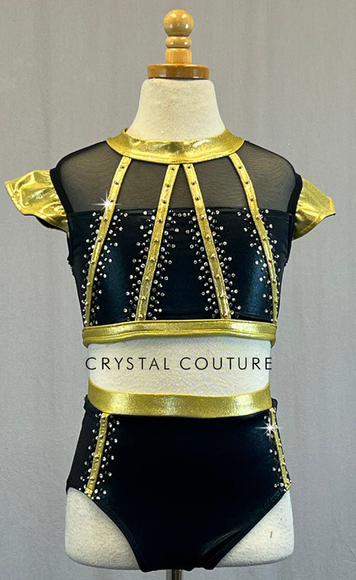 Custom Black & Gold Strappy Two Piece with Ruffle Sleeves - Rhinestones
