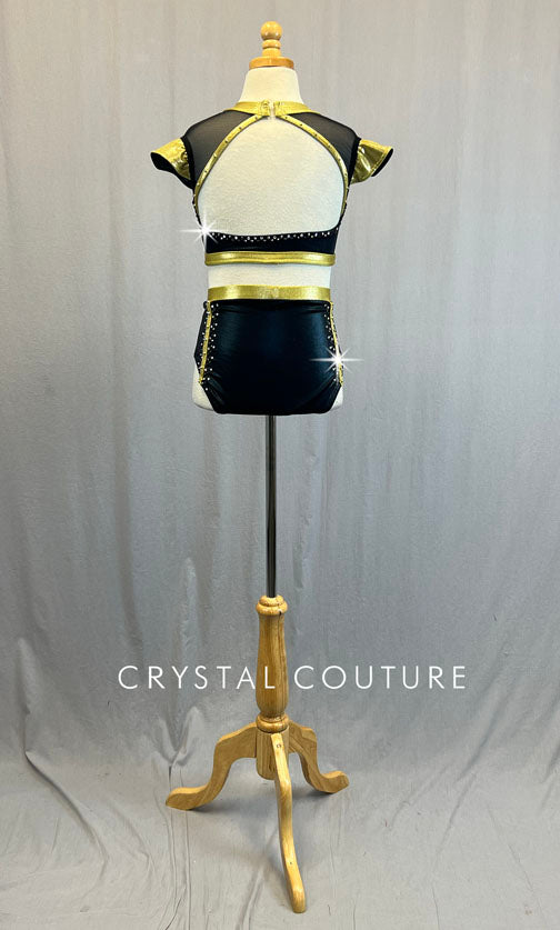 Custom Black & Gold Strappy Two Piece with Ruffle Sleeves - Rhinestones