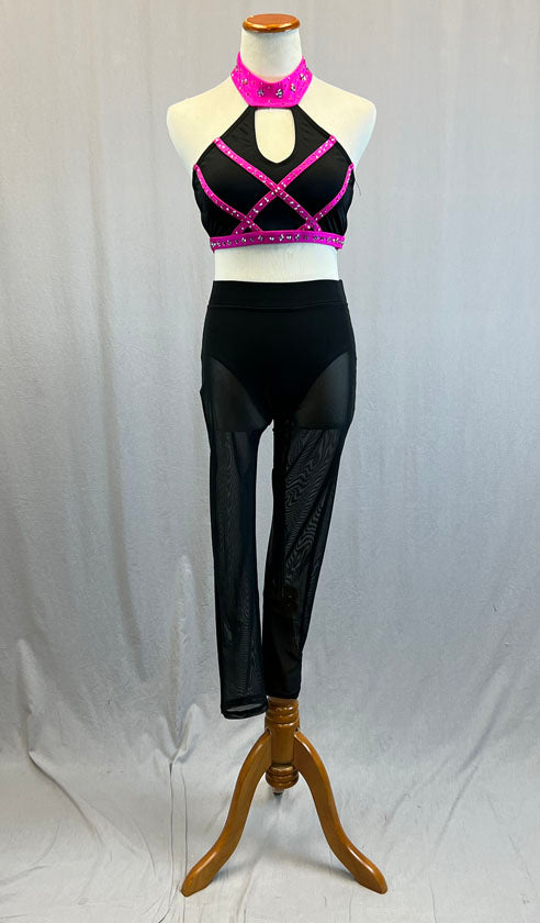 Custom Black & Hot Pink Strappy Connected Two Piece with Mesh Leggings - Rhinestones