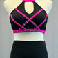 Custom Black & Hot Pink Strappy Connected Two Piece with Mesh Leggings - Rhinestones