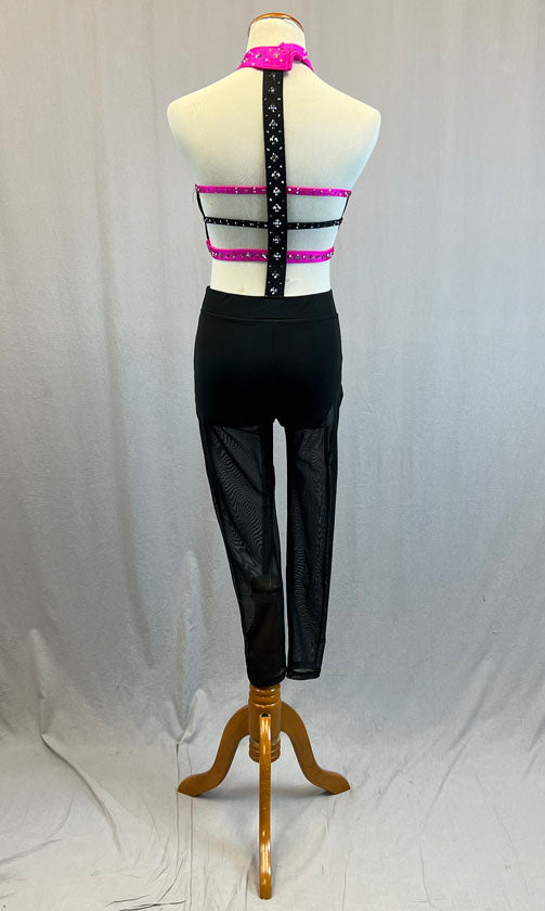 Custom Black & Hot Pink Strappy Connected Two Piece with Mesh Leggings –  Crystal Couture