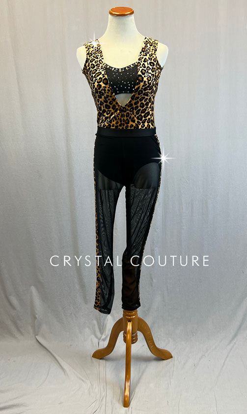 Custom Velvet Cheetah Print Unitard with Mesh Leggings - Rhinestones