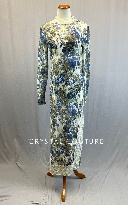Slate Blue & Olive Floral Print Long Sleeve Dress with Lace Edging