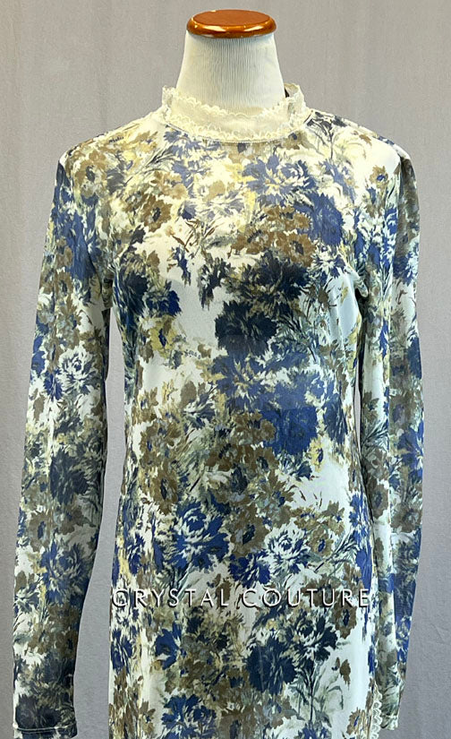 Slate Blue & Olive Floral Print Long Sleeve Dress with Lace Edging