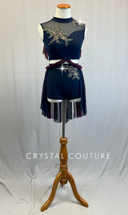 Custom Navy Blue & Plum Two Piece with Mesh Back Skirt and Shoulder Ruffle - Rhinestones